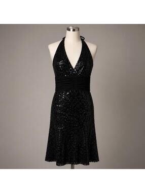 White House Black Market Black Sequin Halter Dress Size 12